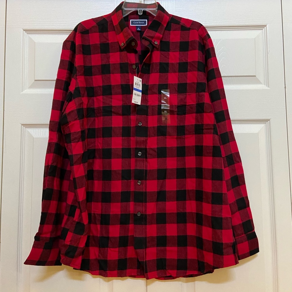 🆕NEW-MEN’S CLUB ROOM BY MACY’S FLANNEL RED AND BLACK PLAID BUTTON DOWN SHIRT. - Picture 5 of 16